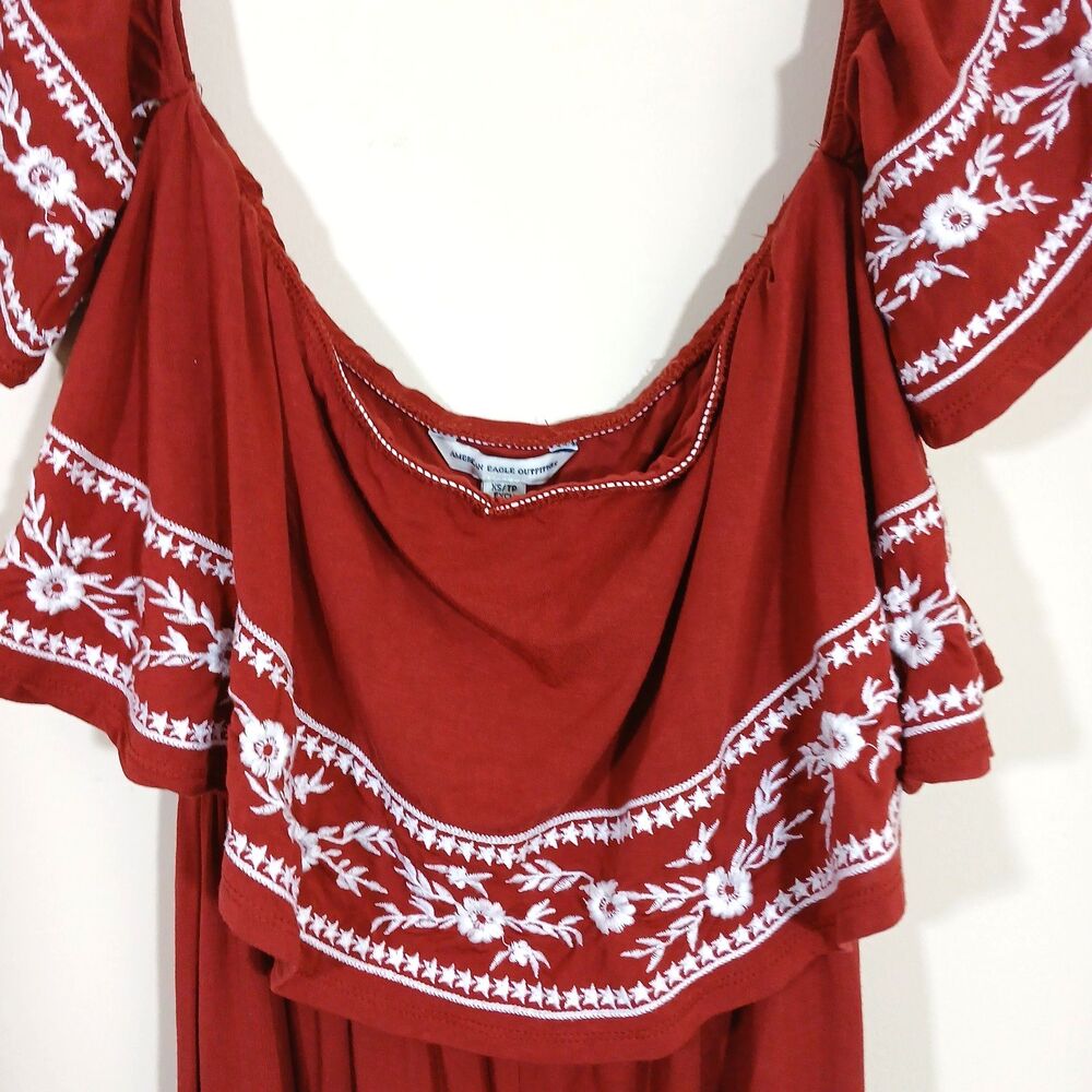 American Eagle Burgundy Romper Off the Shoulder Embroidery - Picture 5 of 9